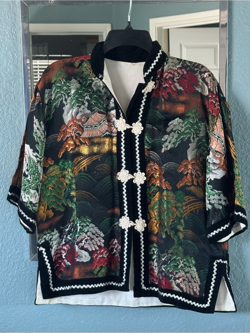 Vintage Black Multicolor Embroidered Asian-Inspired Top